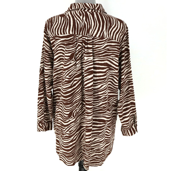 Jones NY Top Plus Size 1X Linen Blend Ivory Brown Animal Print Blouse Henley - Picture 2 of 13